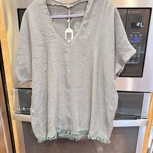 JODIFL‎ Olive Green V-Neck Tunic with Fringe Hem